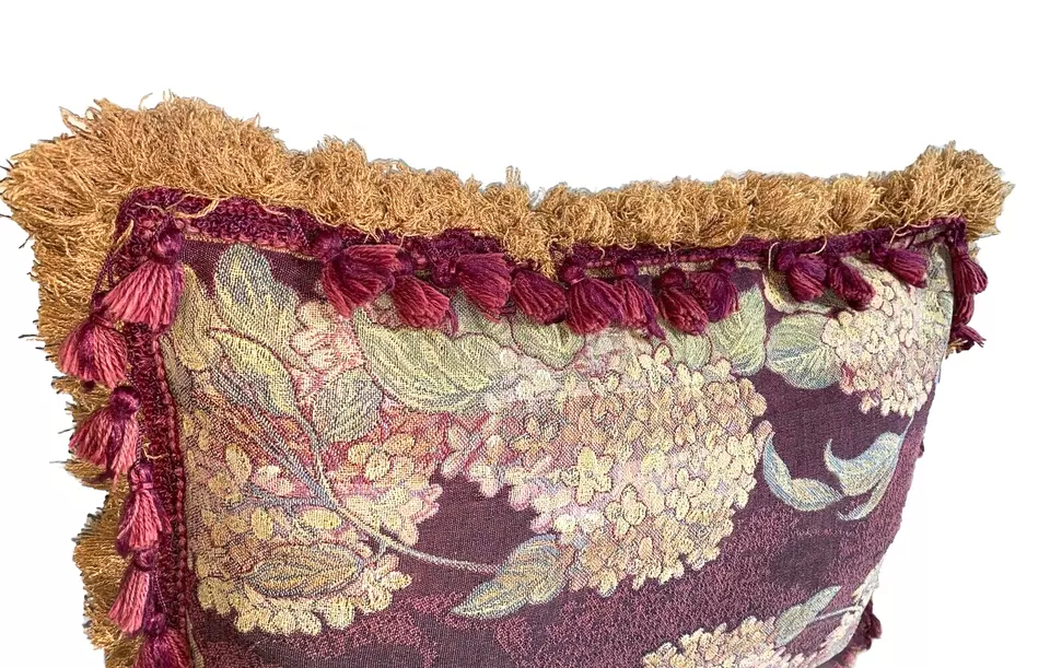 Gorgeous Vintage Aubusson Fringe Throw Pillow Embroidered Red Gold Velvet Back - Image 2 of 4