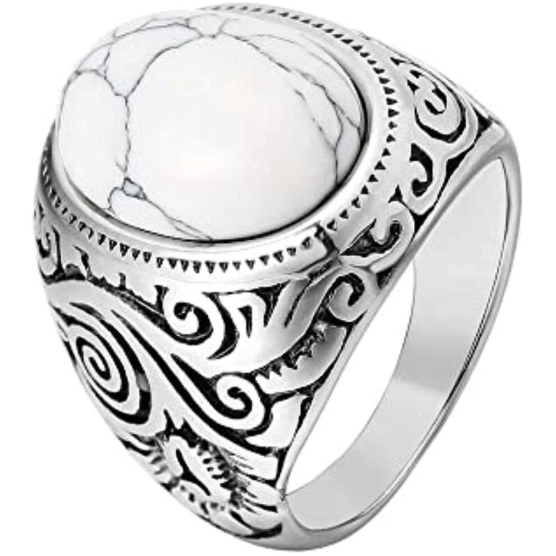 Anillo de acero inoxidable ovalado negro ónix azul turquesa ojo de tigre piedra talla 7-13 Foto 2 de 4