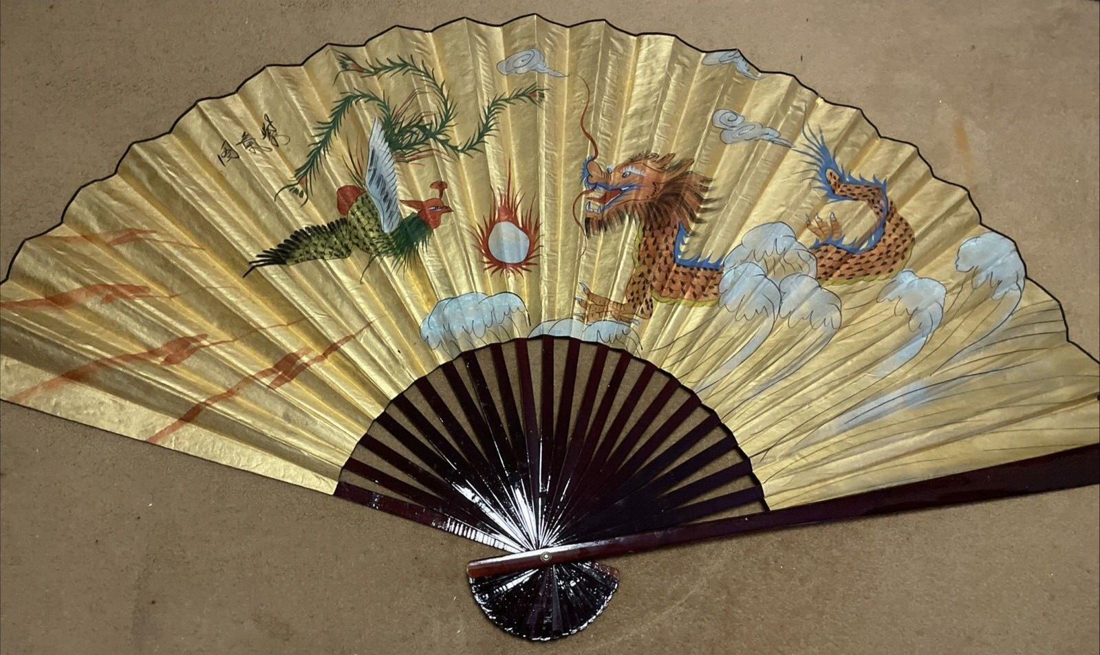 Vintage Large 72”x36" Chinese Folding Wall Hanging Fan with Dragons