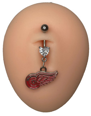 Detroit Red Wings Heart Navel CZ Ring Belly Piercing - Hypoallergenic