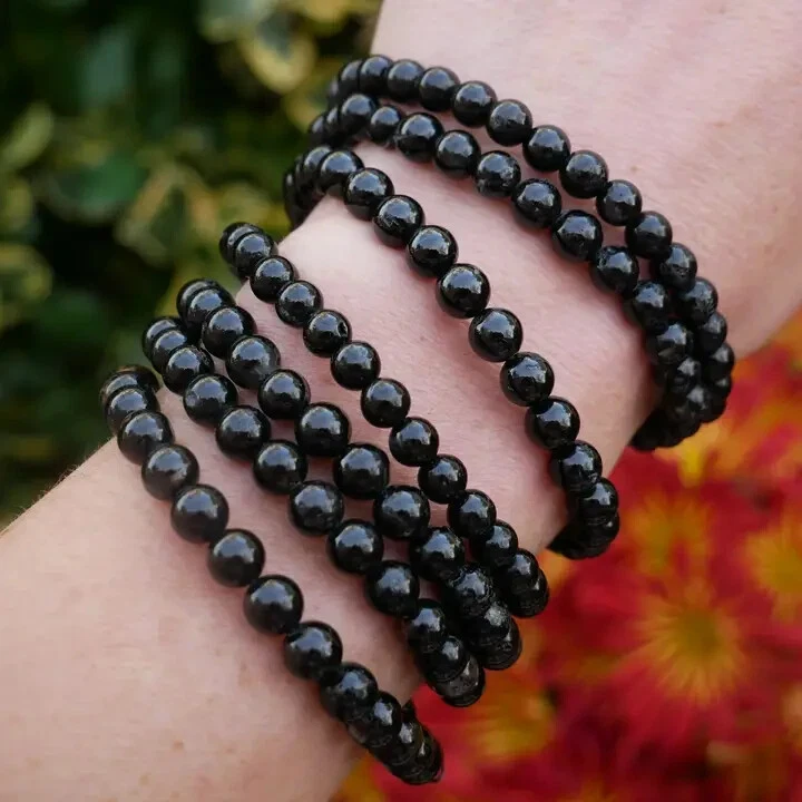 Natural Black Tourmaline 6mm Beads EMF Protection Healing Reiki Stretch Bracelet - Image 3 of 4