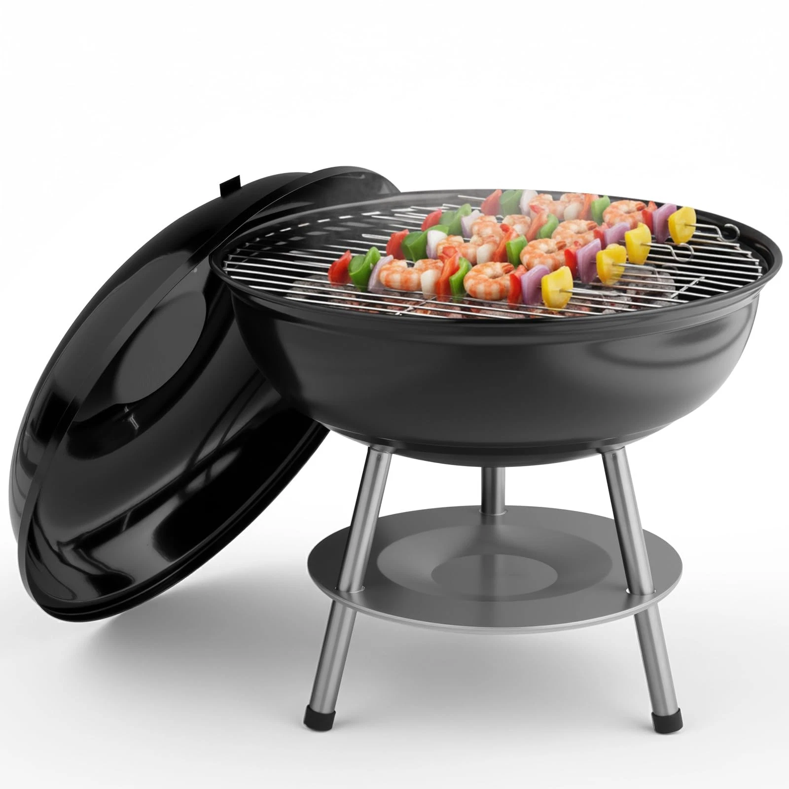 14" Portable Charcoal BBQ Grill, Tabletop Smoker for Garden Picnic Camping