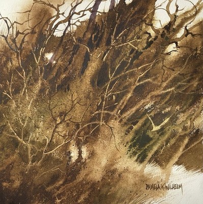 Pamela Wilhelm original 10 x10  Watercolor Brown Green Tree Tangle Thicket Bird
