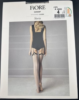 NEW Fiore Garter Stockings Sz LG GOSSIP Storia White/Black Seam & Dots 20 Denier