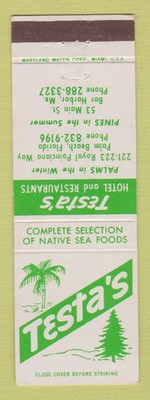 Matchbook Cover - Testa's Hotel Restaurants Palm Beach FL Bar Harbor ME