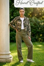 Camo Khaki Green Denim Jacket Size 14 Hand Crafted Great Condition