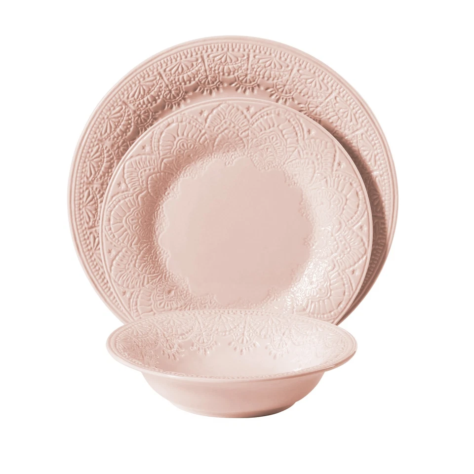 Juego de vajilla de cerámica vintage de encaje de 12 piezas Pioneer Woman rosa floral Foto 3 de 4