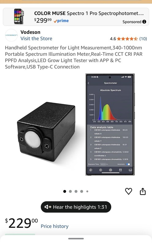Vodeson Optical Handheld Spectrometer 340-1000nm Light Measurement Lab 8B1H3