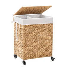 100L 2-Compartment Laundry Hamper with Lid Wheels Natural Water Hyacinth