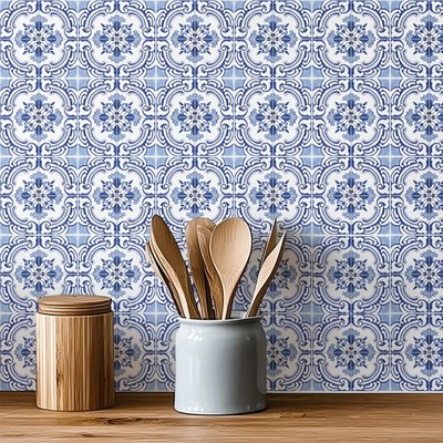 Meihea 30er-Pack, 4x4 Zoll klassische portugiesische Azulejo Fliesenaufkleber, blau 