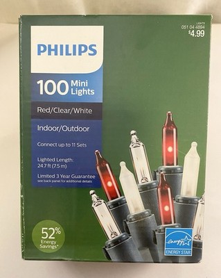 Philips 100 Mini Lights Red Clear White Indoor Outdoor 24.7ft Vintage NEW!