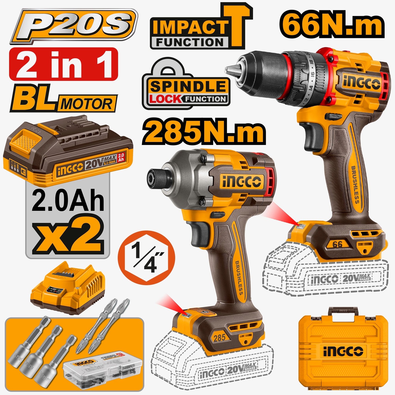 INGCO Drill & Impact Driver Combo Kit - 20V 66 Nm Drill + High-Torque Driver