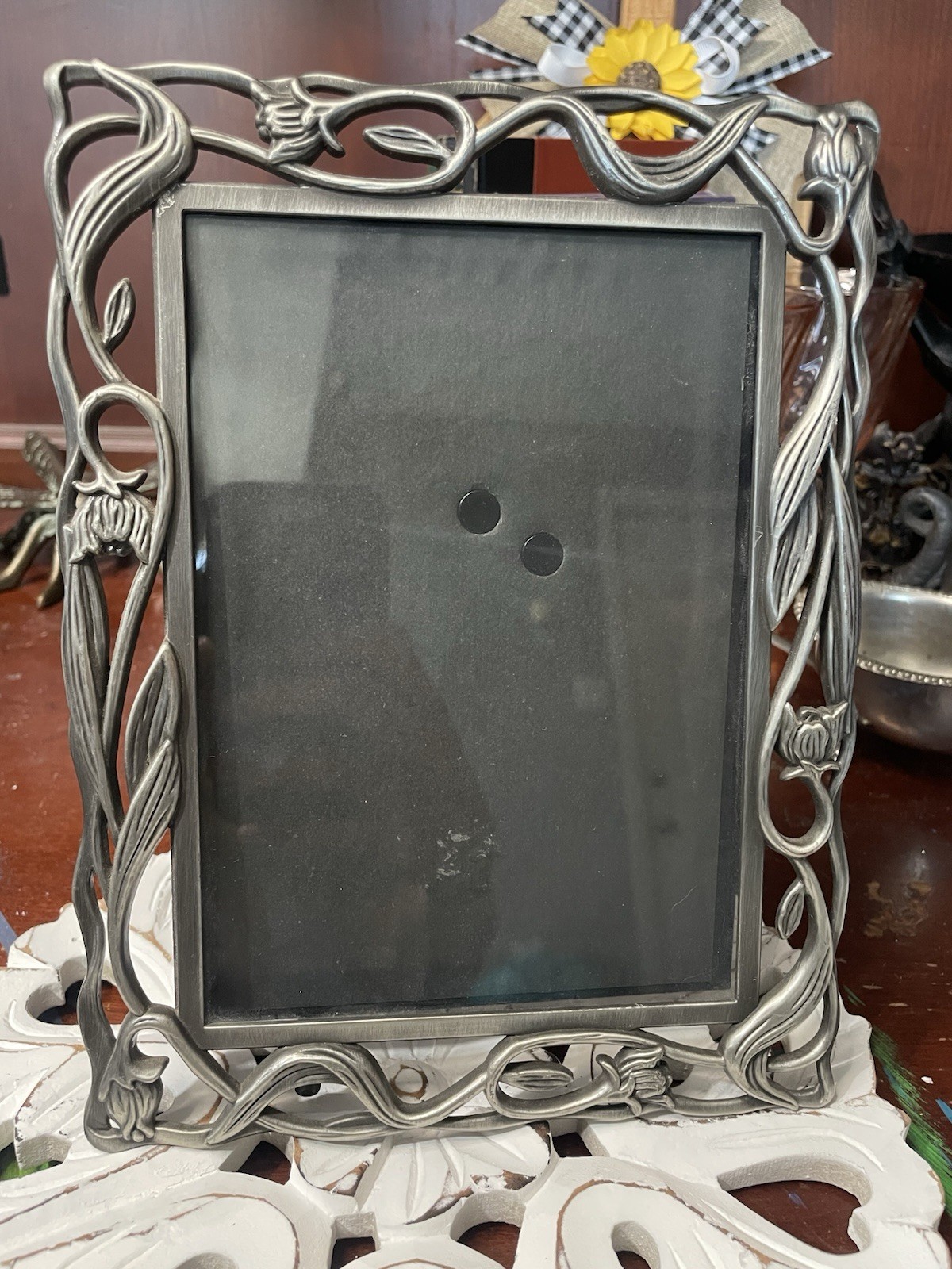 Vintage Ornate Photo Picture Frame Pewter Art Nouveau Floral Bud Vine 5