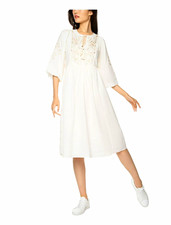 Women's White Cotton Embroidered Floral Midi Dress Tie Neck Tassel 3/4 Sleeve