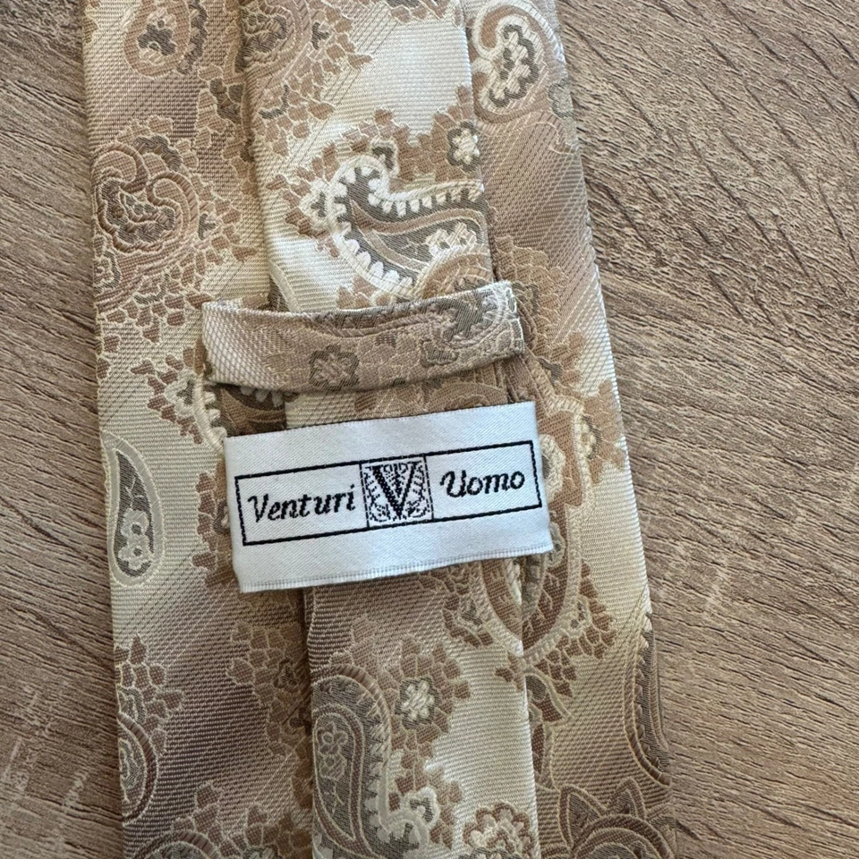 Corbata Venturi Uomo 100% Seda Beige Marrón Patrón Paisley Elegante Para Hombre Foto 4 de 4