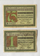 Notgeld Kolberg a.d. Bałtyk na Pomorzu, Kołobrzeg, 75 fenigów i 1 marka 1921