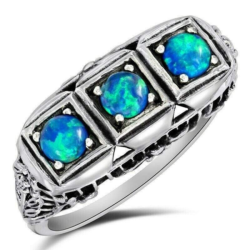 2CT  Blue Fire Opal 925 Solid Sterling Silver Ring Sz 9 F5-2