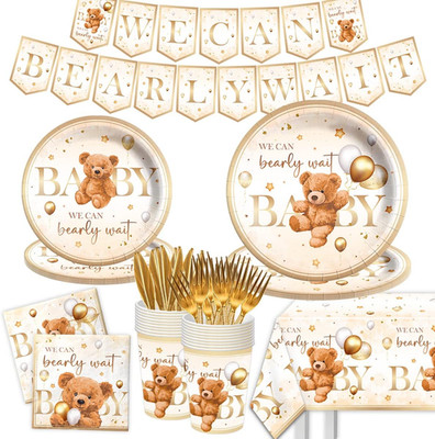 Bear Baby Shower Decorations for Boy-142Pcs Brown Bear Theme Tableware Plates an