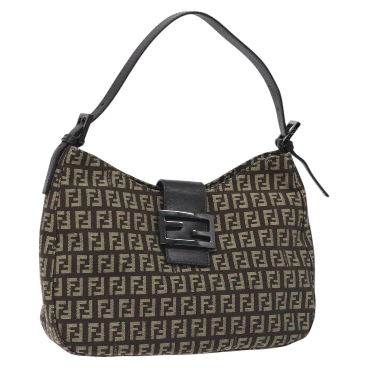 FENDI Zucchino Canvas Mamma Baguette Shoulder Bag in Black Brown Authentic yk18479V
