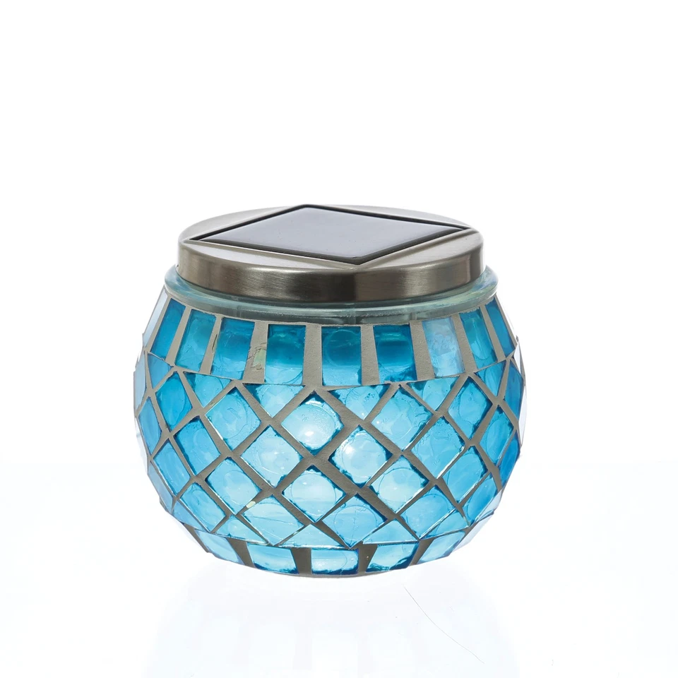 LED Solar Windlicht Mosaik Solarglas Solarleuchte Mosaikleuchte Tischlampe blau - Bild 2 von 4