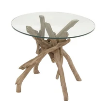 Wood Handmade Side End Accent Table Tree Branch End Table with Clear Glass To...