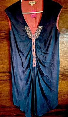 NWT Beachy Shift Dress Shear Blue over Coral Pink Deco Arty Boho shell sexy 