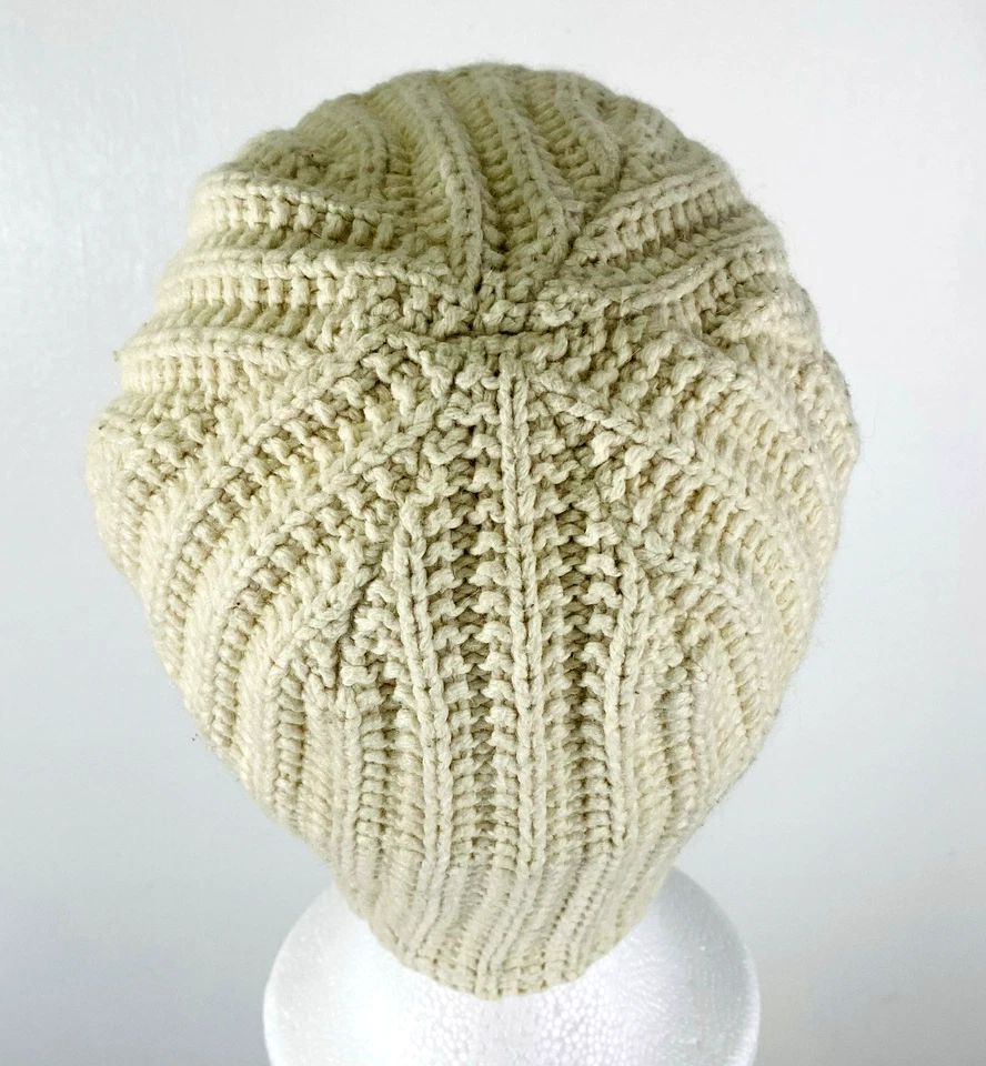 Hollister Cable Knit Beanie Hat Beige Sherpa Lined Cotton Blend Ski Snow Logo - Image 3 of 4