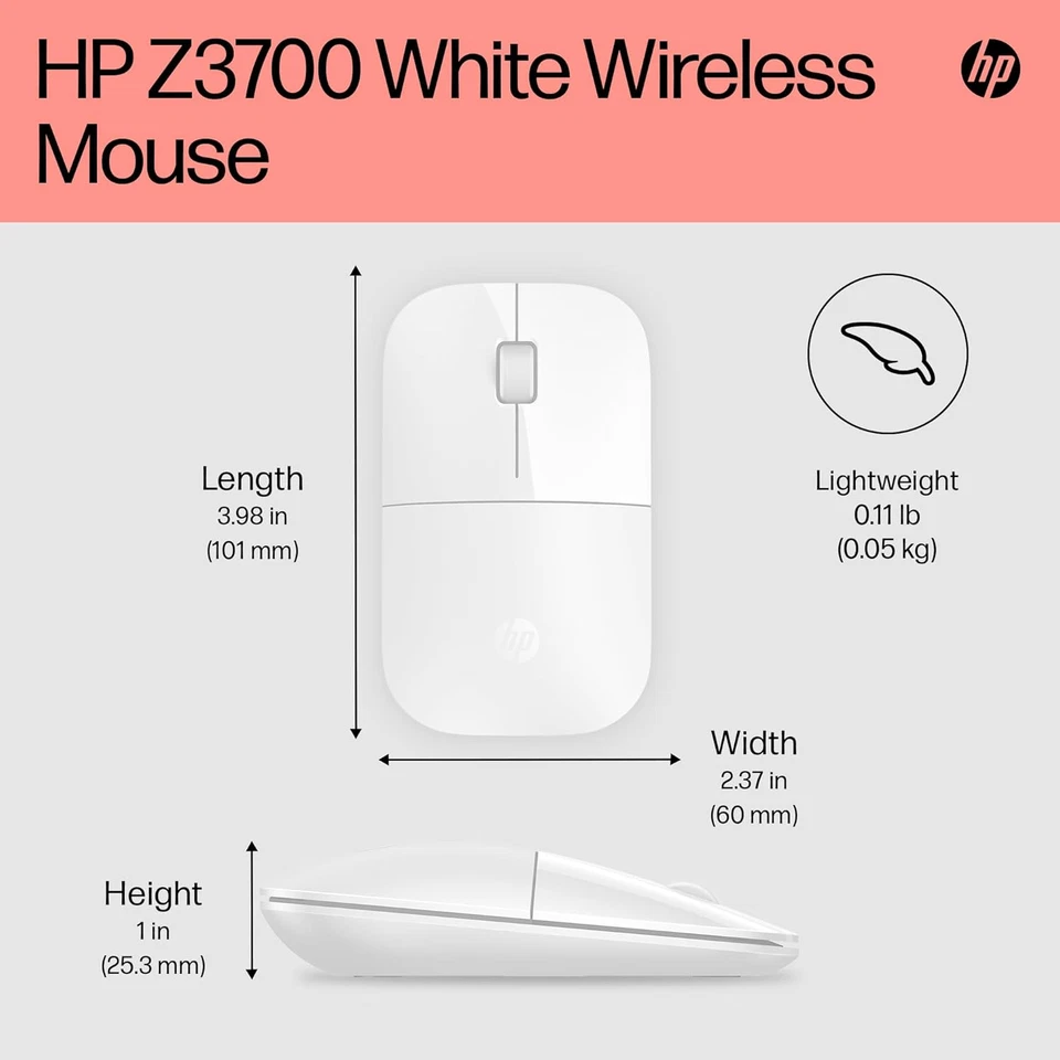 HP Z3700 White 2.4 Ghz USB Slim Wireless Mouse with Blue LED1200 DPI Optical Se - Image 3 of 4