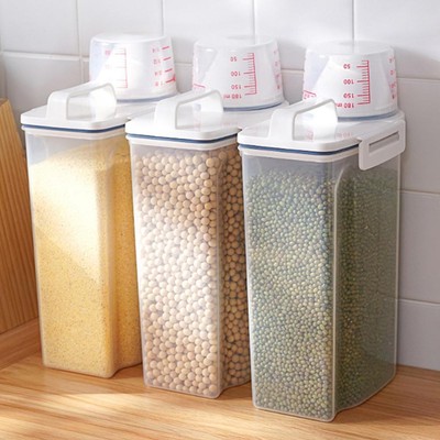 Clear Food Storage Box with Measuring Cup & Handle for Countertop Cabinet