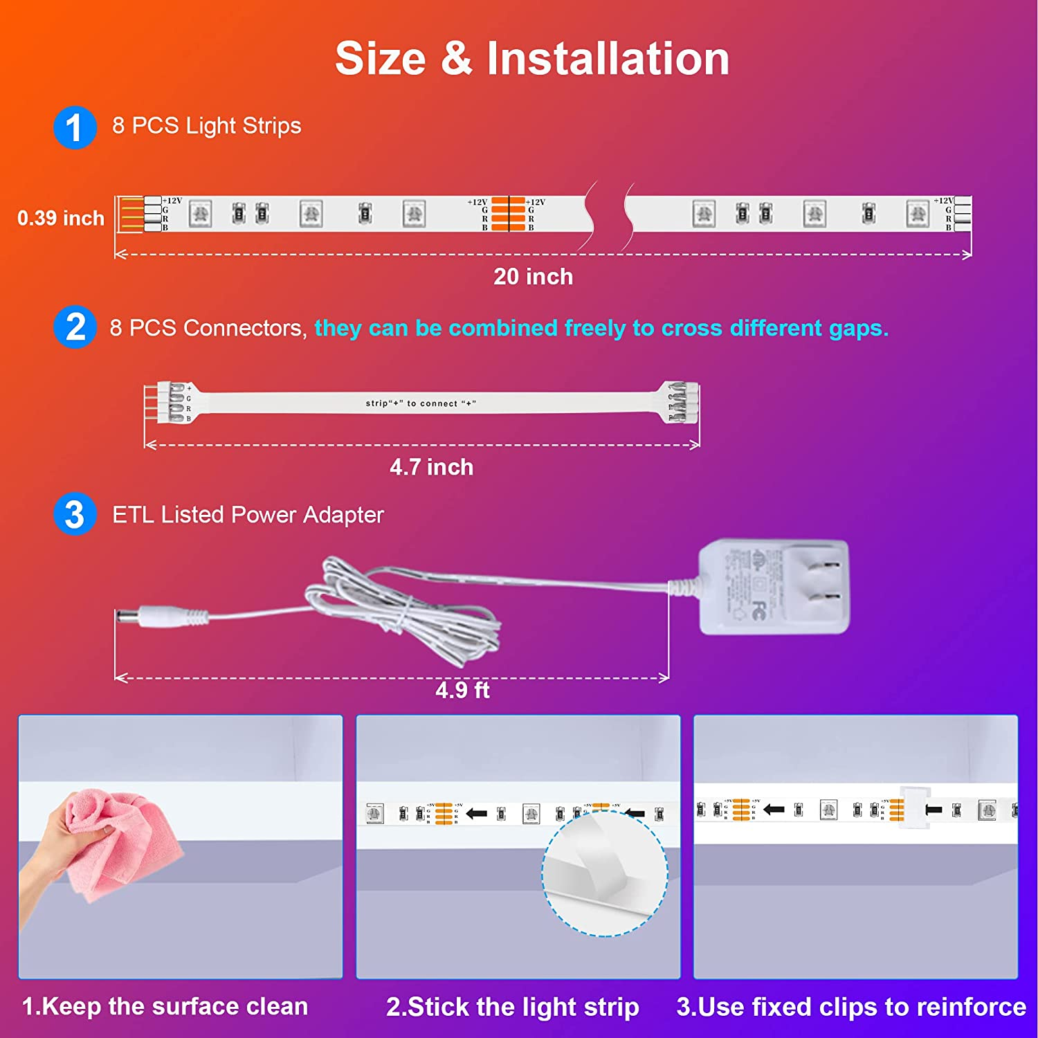 8 PCS RGB under Lighting Kit, App and Remote Control Led Strip