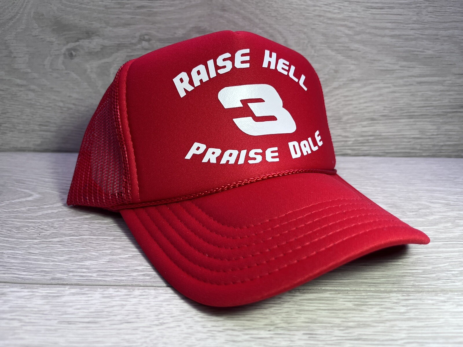 RAISE HELL PRAISE DALE RED SPORTS SCRIPT HAT 5 PANEL HIGH CROWN TRUCKER ...