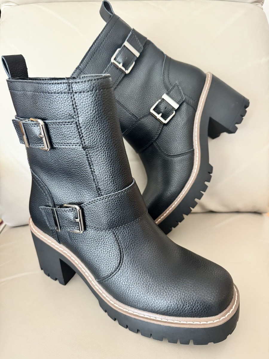 BLONDO BIKER DUAL BUCKLE LEATHER PLATFORM COMBAT BOOTS M BLACK