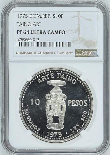 DOMINIKANISCHE REPUBLIK 10 Peso 1975 Silber NGC PF64 Taino Art - Bild 1 von 6