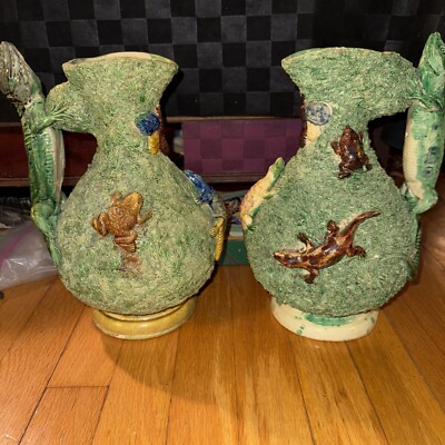 2 Palissy Style Majolica Ewers By Mafra