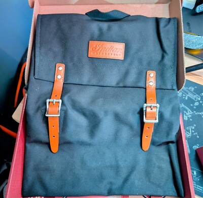 Indian Motorcycle Black Canvas & Brown Leather Backpack Book Bag Ruck Sack