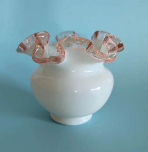 Vintage Rose Bowl Fenton Rose Crest Double Pink Crimped Ruffled Milk Art Glass