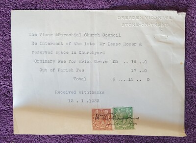 Quittung 1933. Dresdner Pfarrhaus, Stoke-on-Trent Re: Internierung Issac Roper