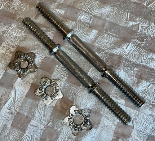 (VIDEO) PAIR of WEIDER Standard 14” Dumbbell Bars Handles w/ 3 Spin Lock Collars