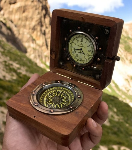 Compass with Clock in Wood Box | Brass Nautical Gift Antique Gimbal Style