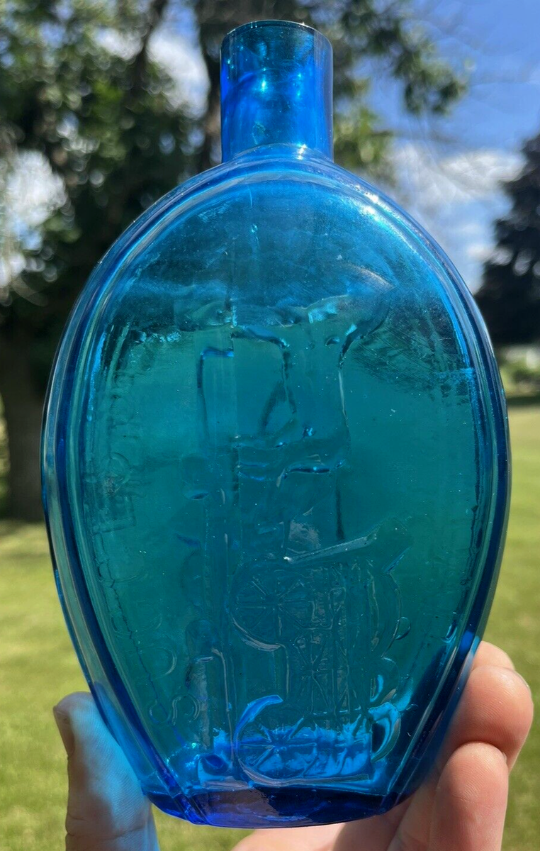 BEAUTIFUL BLUE COLORED SUCCESS TO THE RAILROAD FLASK PONTIL CB