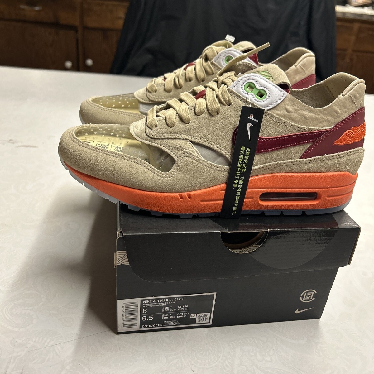 Nike Air Max 1/CLOT Net/Deep Red-Orange Blaze DD1870-100 Men's Size