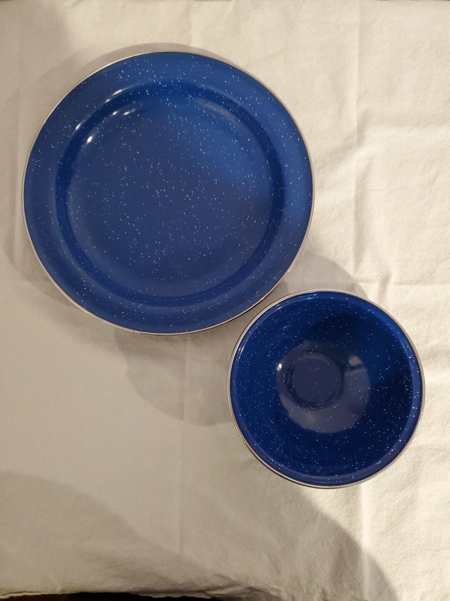 Enamel Blue Speckled Camping RV Plate Bowl Set