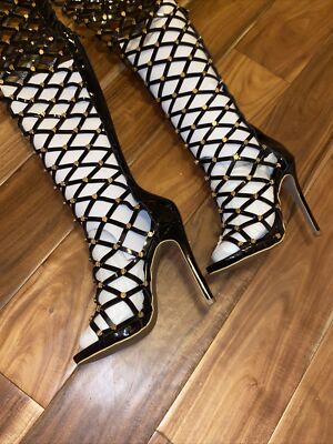 未使用　OHGA STRAP PUMPS ドット 22.5 Women Peep Toe Sandals Heels Gladiator Hollow Out Knee High