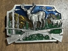 Vintage 1980s Siskiyou Deer Hunter Belt Buckle Rifle Stag Buck Enameled VGC
