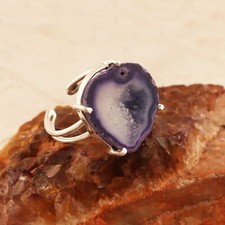 Geode Druzy Blue Double Layer Silver Plated Prong Set Statement Adjustable Ring