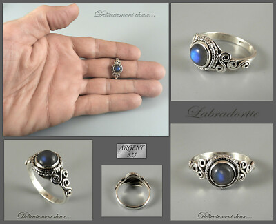 Bague En Argent 925 Avec Labradorite Ronde - Taille 57 - Jolie Et Naturelle