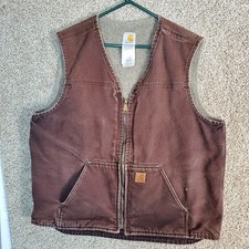 Carhartt V26 Men's XL Tall Brown Sherpa Lined Washed Duck Vest Workwear