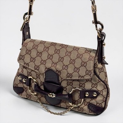Gucci Horsebit GG Canvas Leather One Shoulder Hobo Bag Brown Beige Italy Used