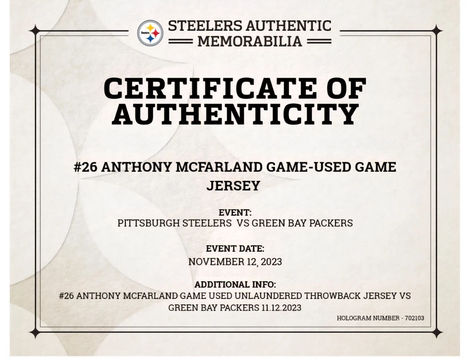 Camiseta deportiva Anthony McFarland usada Home Throwback autenticación Steelers Foto 4 de 4