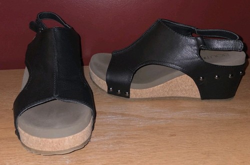 Women's Boutique By Corkys Wedge Sandals Size 10 Black Slingback Shoes - Picture 2 of 7